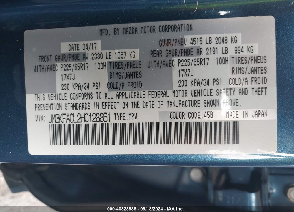 2017 MAZDA CX-5 TOURING VIN: JM3KFACL2H0128861