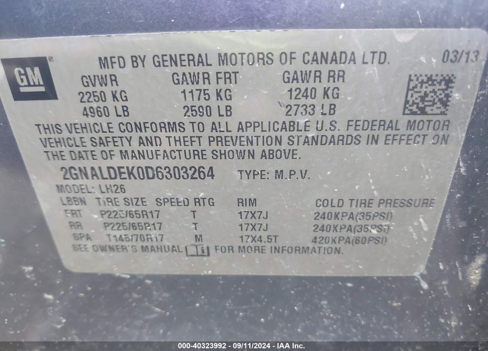 2013 CHEVROLET EQUINOX 1LT VIN: 2GNALDEK0D6303264