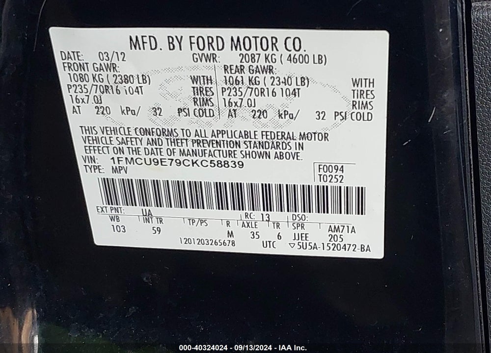 2012 FORD ESCAPE LIMITED VIN: 1FMCU9E79CKC58839