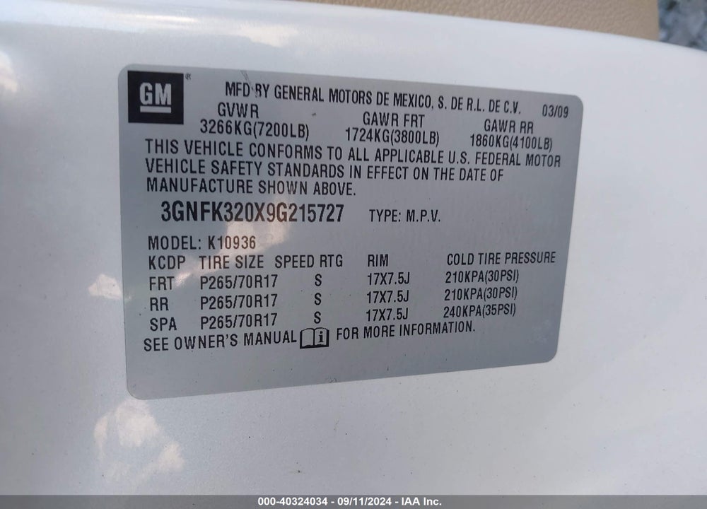 2009 CHEVROLET AVALANCHE 1500 LTZ VIN: 3GNFK320X9G215727