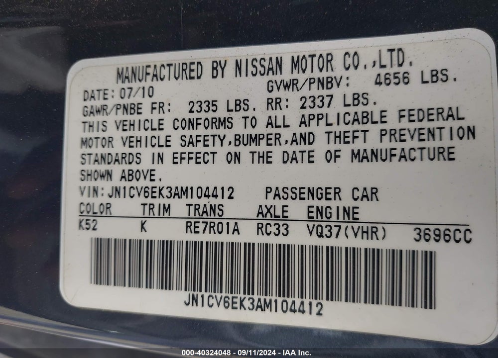2010 INFINITI G37 JOURNEY VIN: JN1CV6EK3AM104412