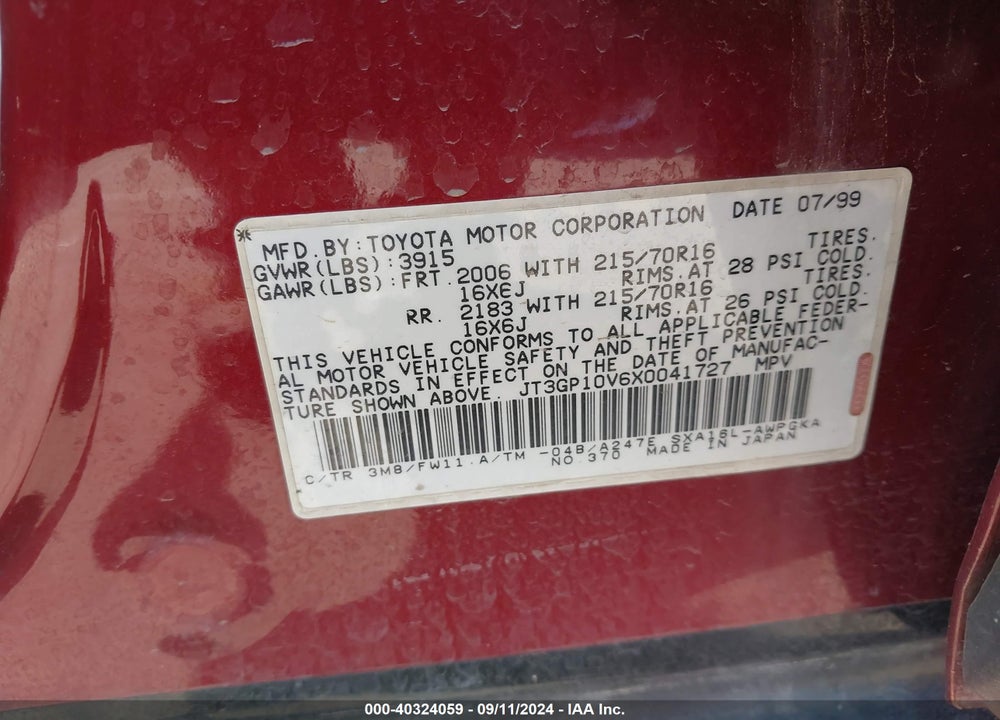 1999 TOYOTA RAV4 VIN: JT3GP10V6X0041727