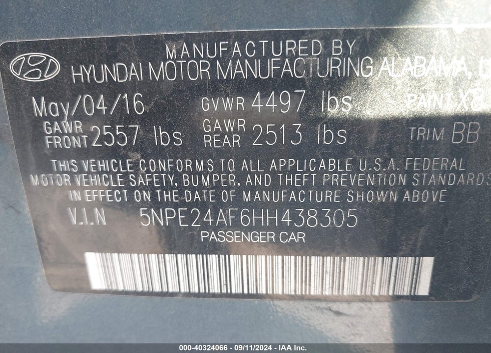 2017 HYUNDAI SONATA SE VIN: 5NPE24AF6HH438305