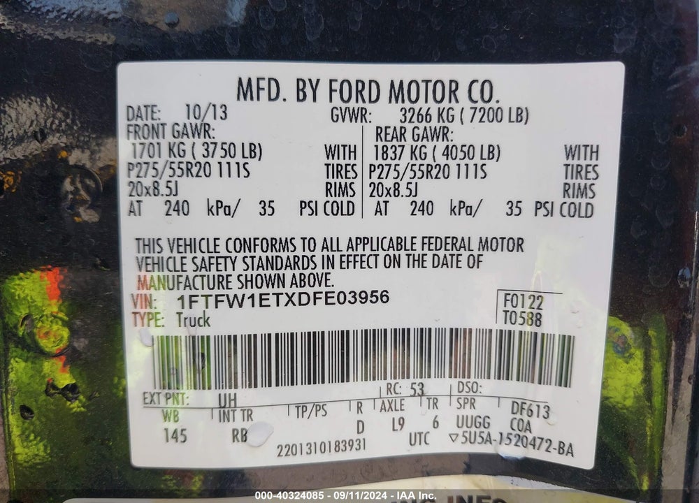 2013 FORD F-150 FX4 VIN: 1FTFW1ETXDFE03956