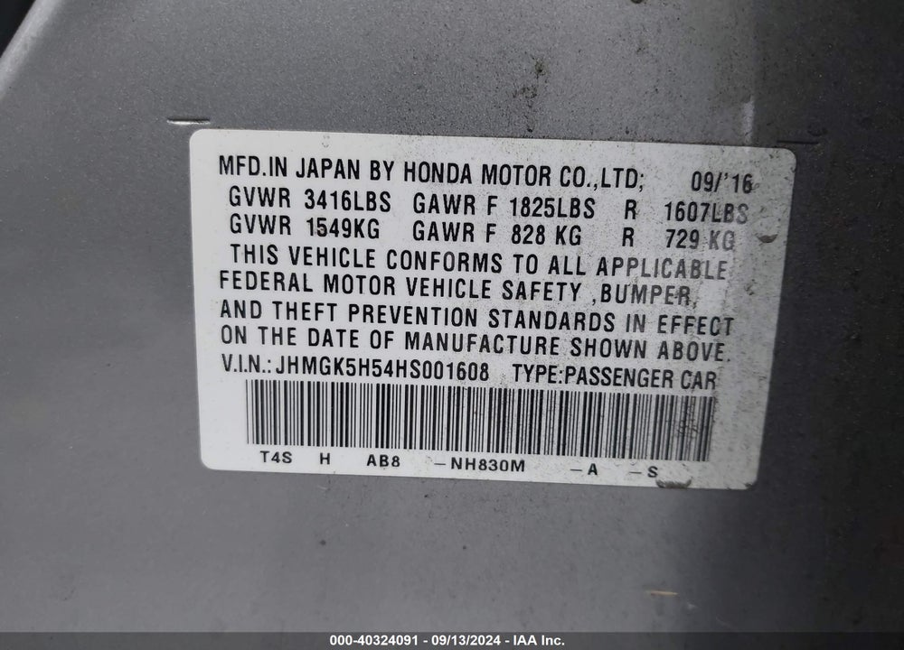 2017 HONDA FIT LX VIN: JHMGK5H54HS001608