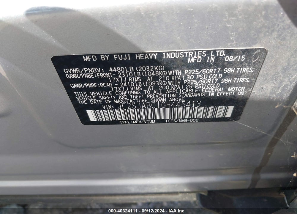 2016 SUBARU FORESTER VIN: JF2SJABC1GH445413