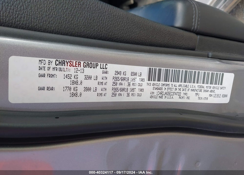 2014 DODGE DURANGO SXT VIN: 1C4RDJAG5EC374722