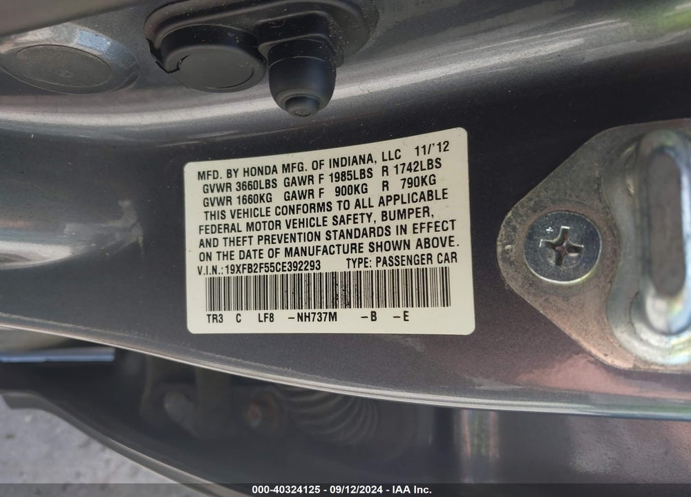 2012 HONDA CIVIC LX VIN: 19XFB2F55CE392293
