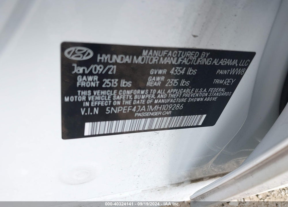 2021 HYUNDAI SONATA SEL VIN: 5NPEF4JA1MH109286