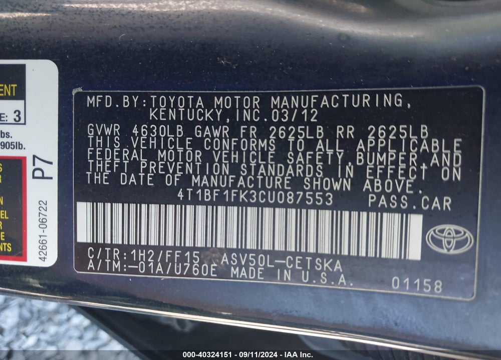 2012 TOYOTA CAMRY SE VIN: 4T1BF1FK3CU087553