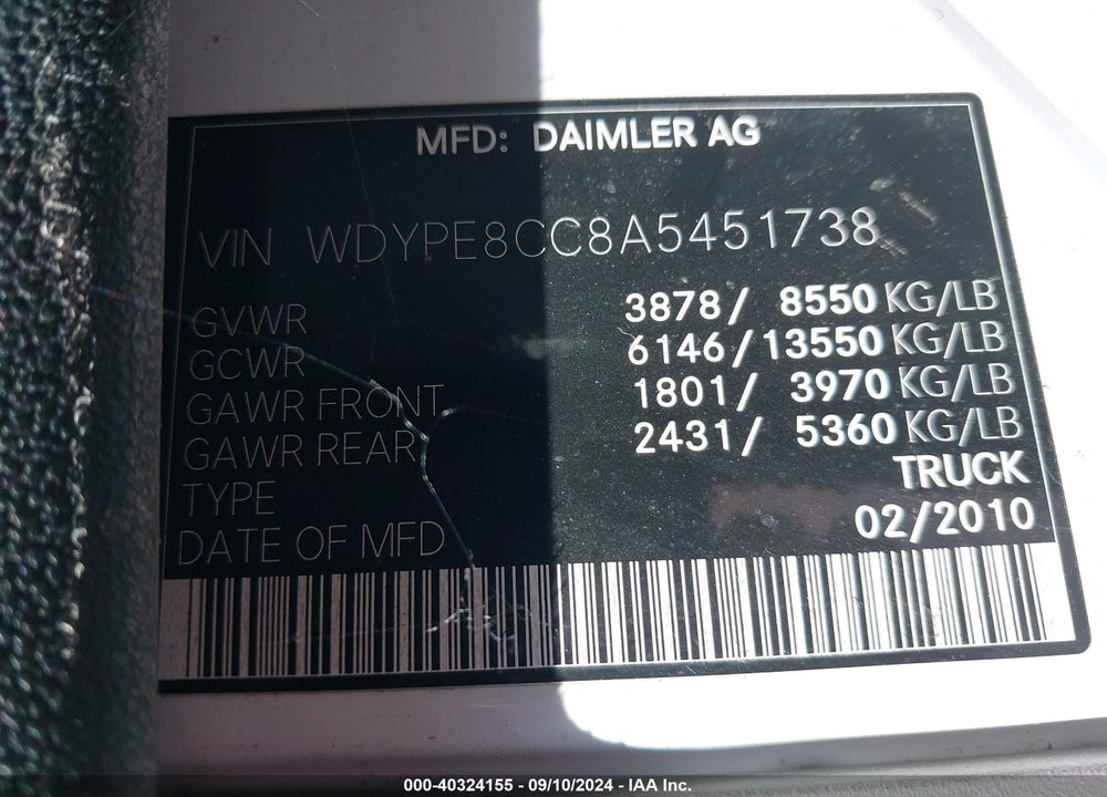 2010 FREIGHTLINER SPRINTER 2500 VIN: WDYPE8CC8A5451738