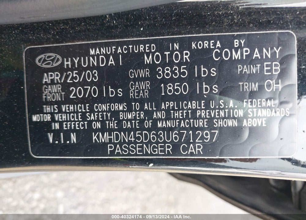 2003 HYUNDAI ELANTRA GLS/GT VIN: KMHDN45D63U671297