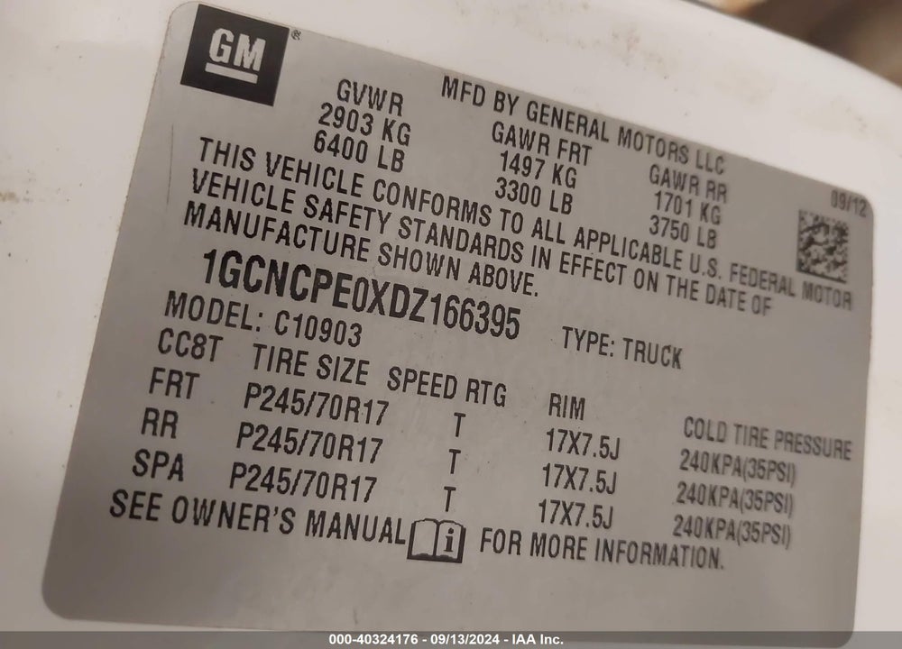 2013 CHEVROLET SILVERADO 1500 WORK TRUCK VIN: 1GCNCPE0XDZ166395