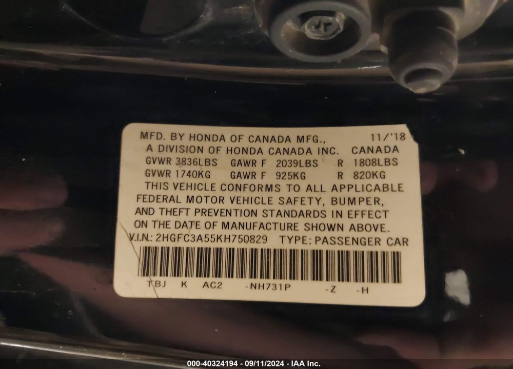 2019 HONDA CIVIC SI VIN: 2HGFC3A55KH750829