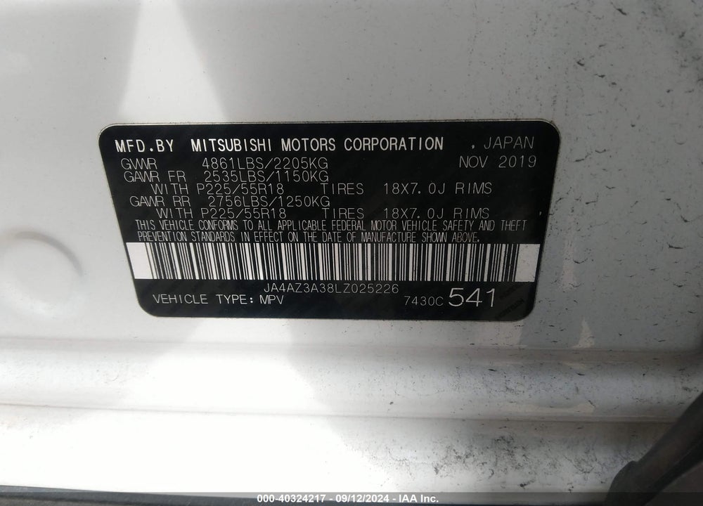 2020 MITSUBISHI OUTLANDER ES 2.4 S-AWC/LE 2.4 S-AWC/SE 2.4 S-AWC/SEL 2.4 S-AWC/SP 2.4 S-AWC VIN: JA4AZ3A38LZ025226