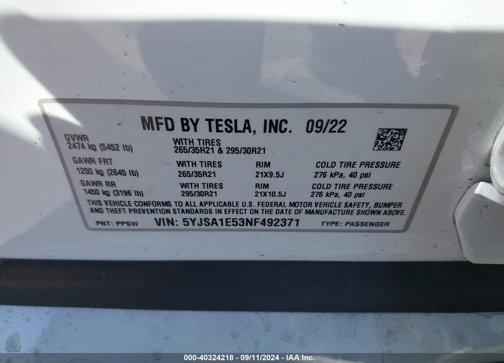 2022 TESLA MODEL S DUAL MOTOR ALL-WHEEL DRIVE VIN: 5YJSA1E53NF492371