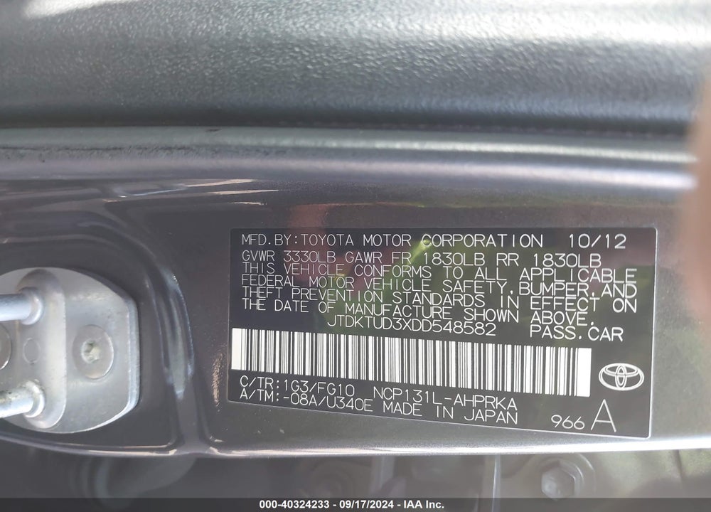 2013 TOYOTA YARIS LE VIN: JTDKTUD3XDD548582