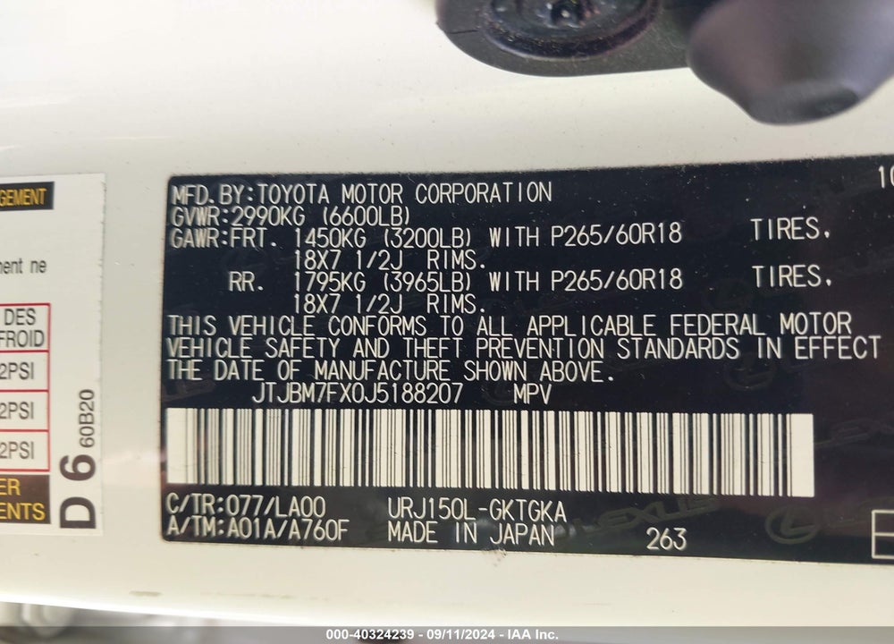 2018 LEXUS 460 VIN: JTJBM7FX0J5188207
