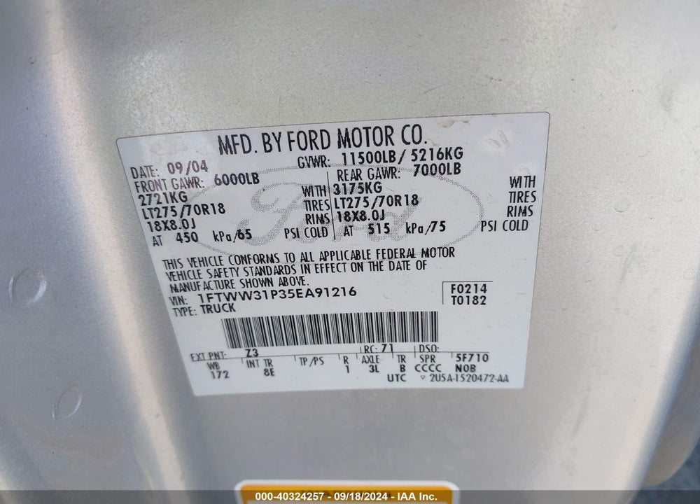 2005 FORD F-350 LARIAT/XL/XLT VIN: 1FTWW31P35EA91216