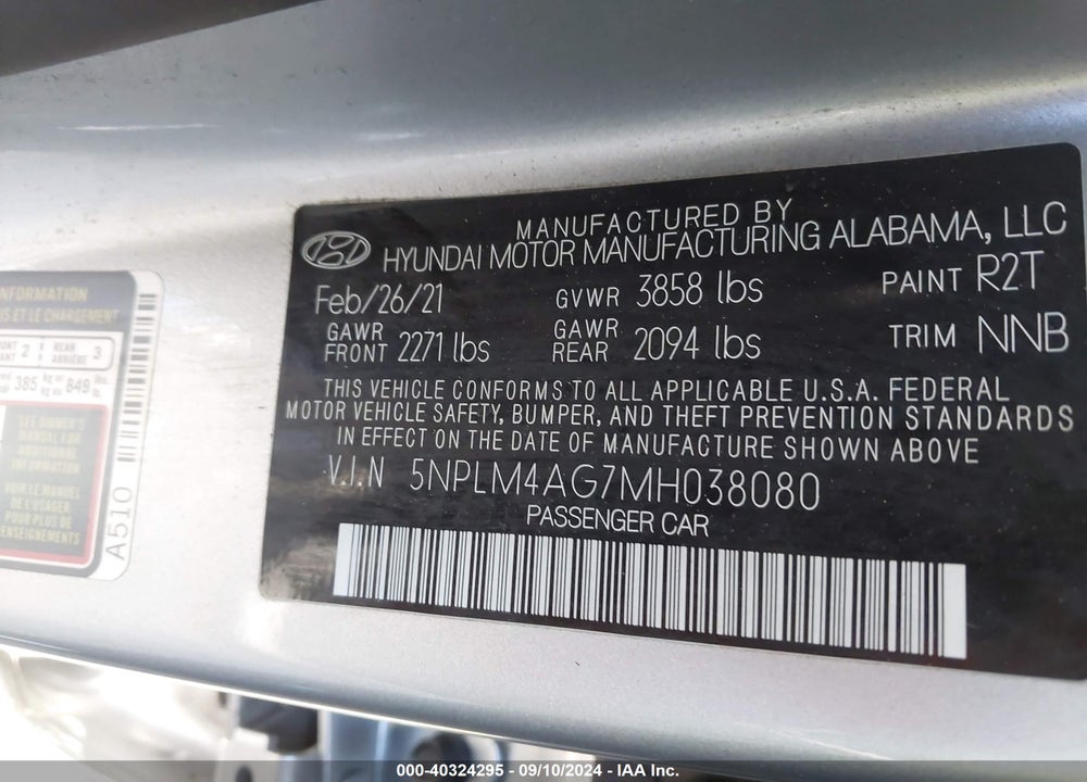 2021 HYUNDAI ELANTRA SEL VIN: 5NPLM4AG7MH038080