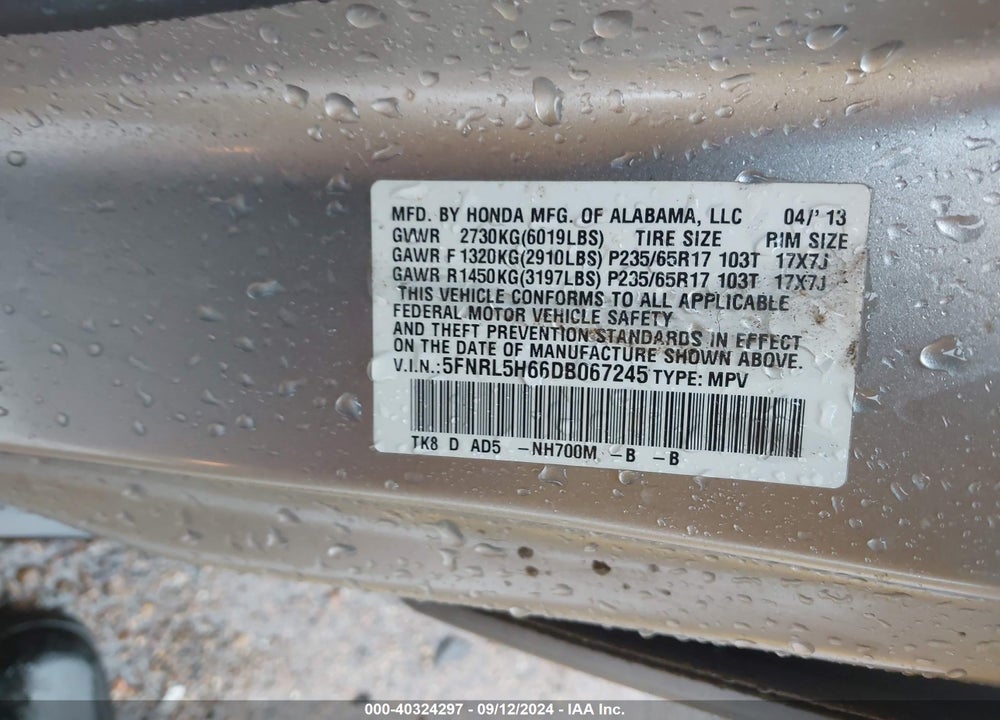2013 HONDA ODYSSEY EX-L VIN: 5FNRL5H66DB067245