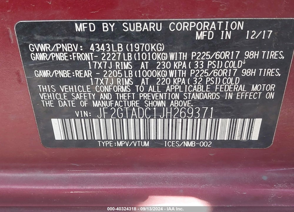 2018 SUBARU CROSSTREK 2.0I PREMIUM VIN: JF2GTADC1JH269371