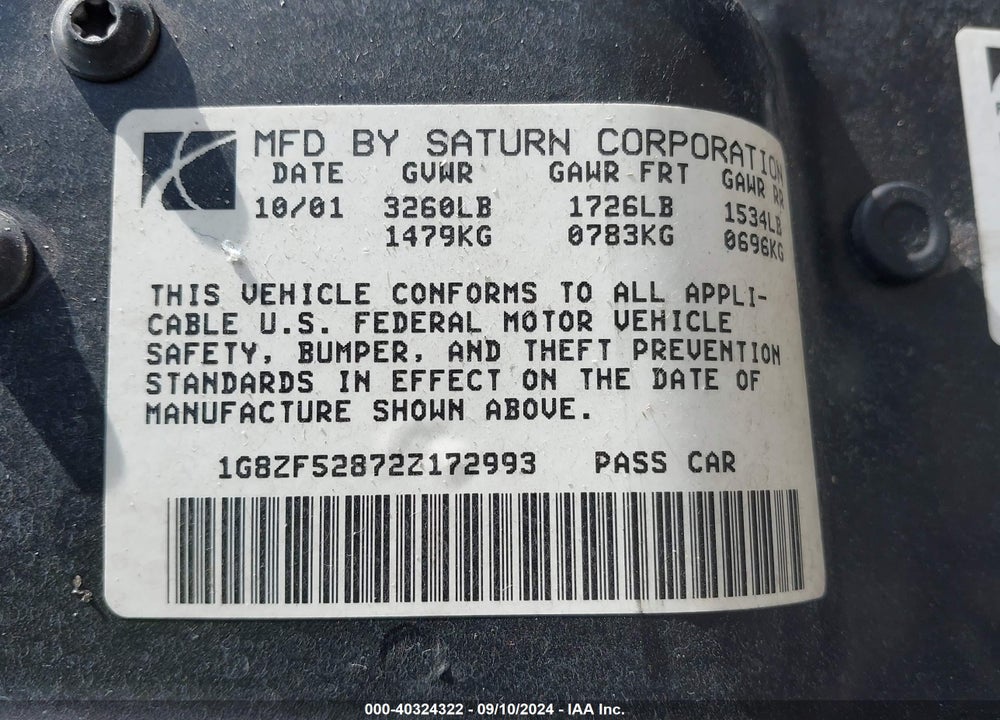 2002 SATURN S-SERIES SL VIN: 1G8ZF52872Z172993