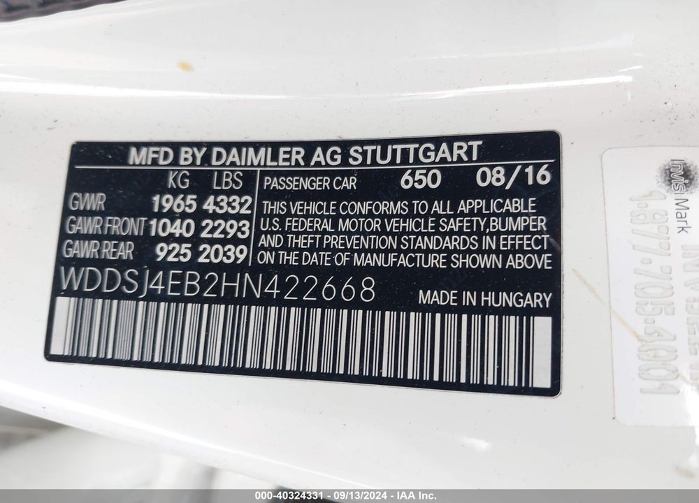 2017 MERCEDES-BENZ CLA 250 VIN: WDDSJ4EB2HN422668