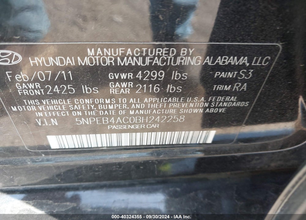 2011 HYUNDAI SONATA GLS VIN: 5NPEB4AC0BH242258