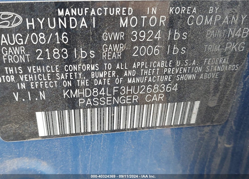 2017 HYUNDAI ELANTRA VIN: KMHD84LF3HU268364