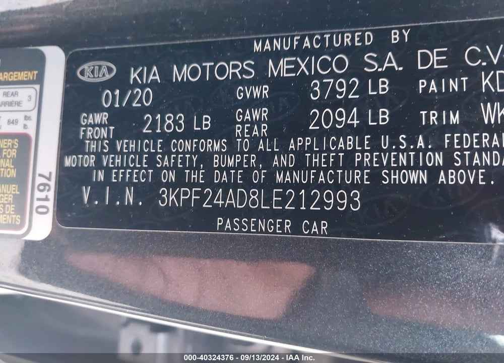 2020 KIA FORTE LXS VIN: 3KPF24AD8LE212993