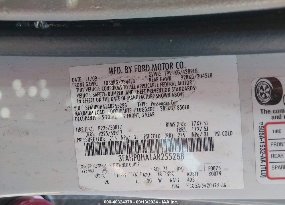 2010 FORD FUSION SE VIN: 3FAHP0HA1AR255288