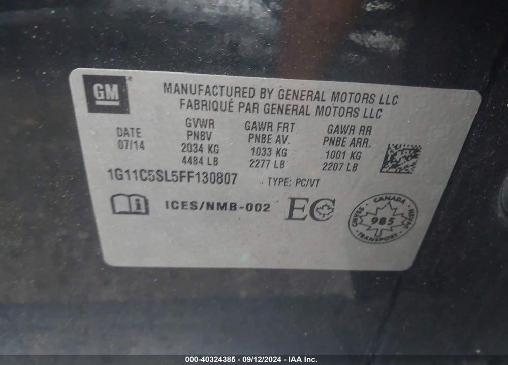 2015 CHEVROLET MALIBU 1LT VIN: 1G11C5SL5FF130807