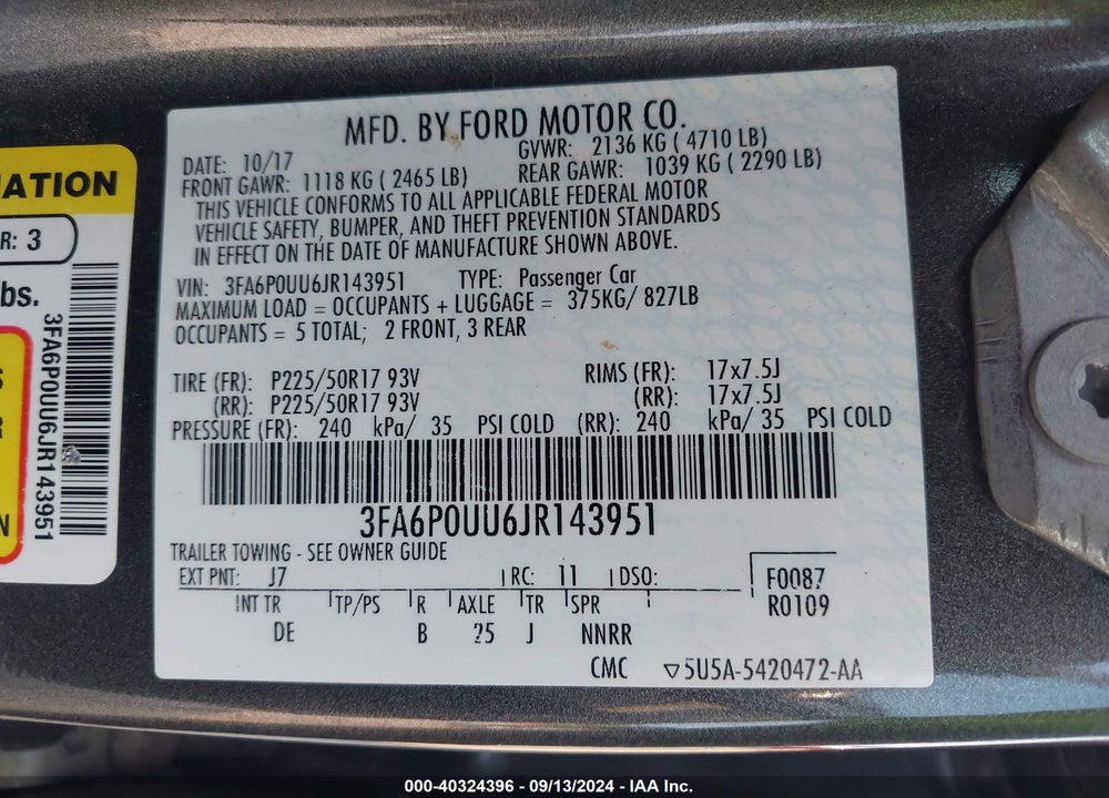 2018 FORD FUSION HYBRID S VIN: 3FA6P0UU6JR143951