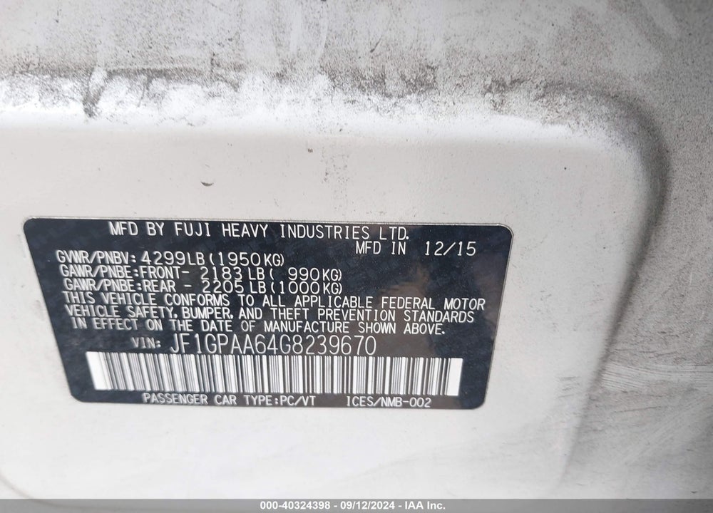 2016 SUBARU IMPREZA 2.0I VIN: JF1GPAA64G8239670