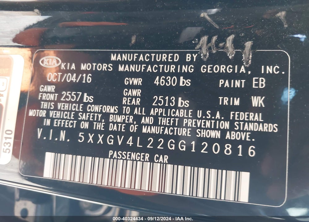 2016 KIA OPTIMA SXL TURBO VIN: 5XXGV4L22GG120816