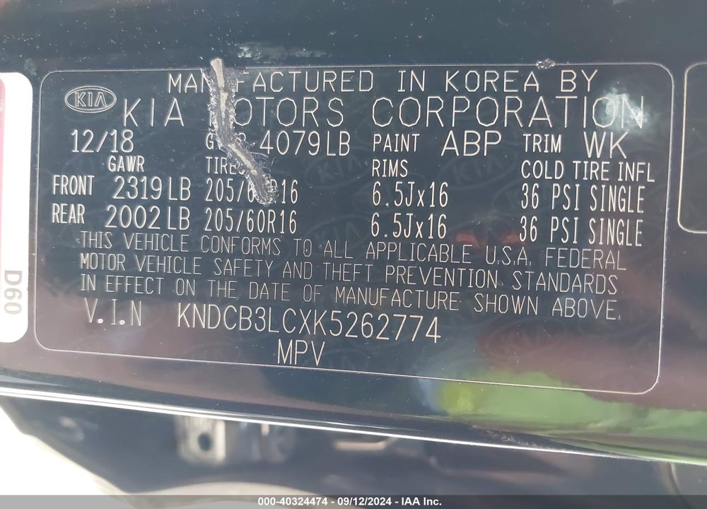2019 KIA NIRO FE VIN: KNDCB3LCXK5262774