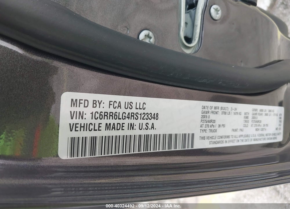 2024 RAM 1500 CLASSIC WARLOCK 4X2 5'7 BOX VIN: 1C6RR6LG4RS123348
