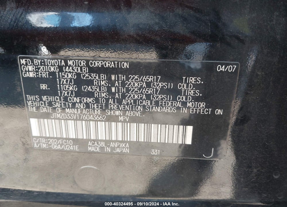 2007 TOYOTA RAV4 VIN: JTMZD33V176043662
