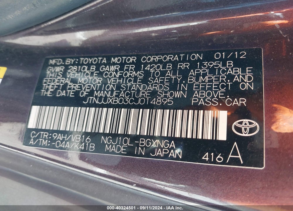 2012 SCION IQ VIN: JTNJJXB03CJ014895