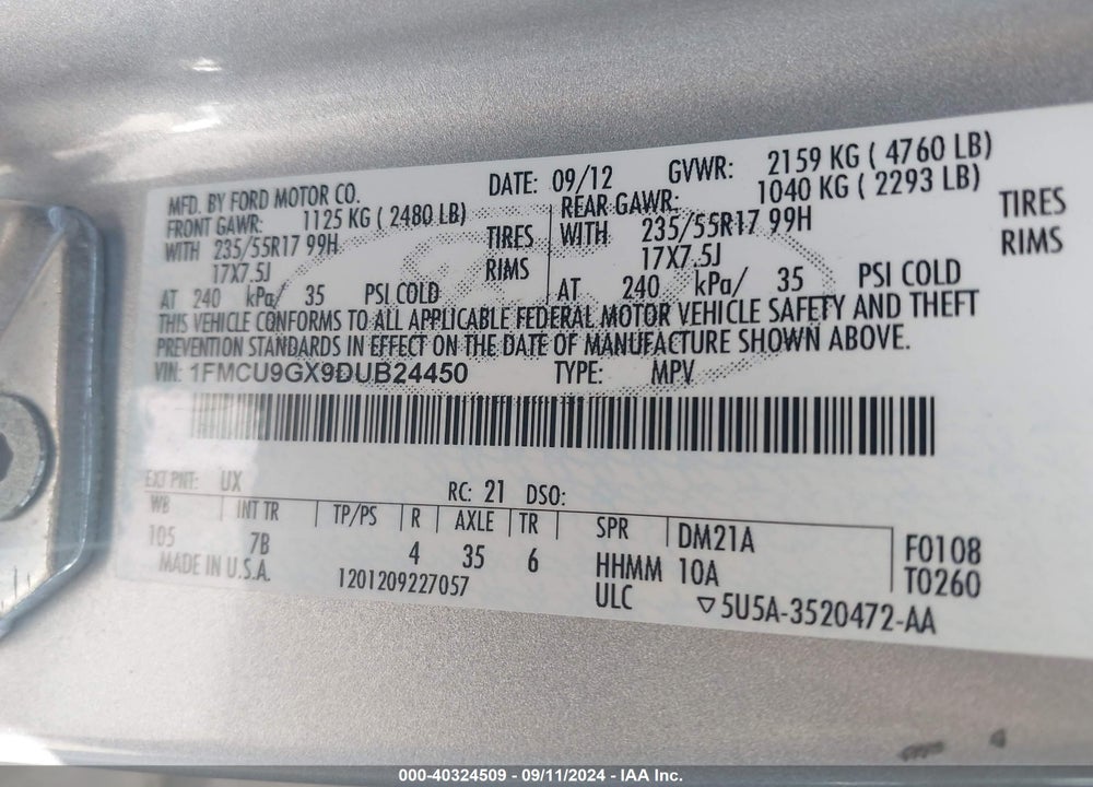 2013 FORD ESCAPE SE VIN: 1FMCU9GX9DUB24450