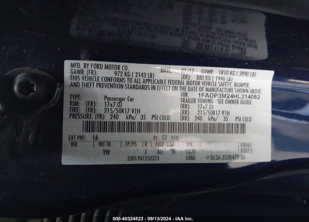 2017 FORD FOCUS SEL VIN: 1FADP3M24HL314082