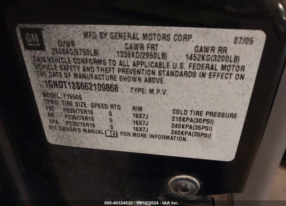 2006 CHEVROLET TRAILBLAZER LS VIN: 1GNDT13S662109868