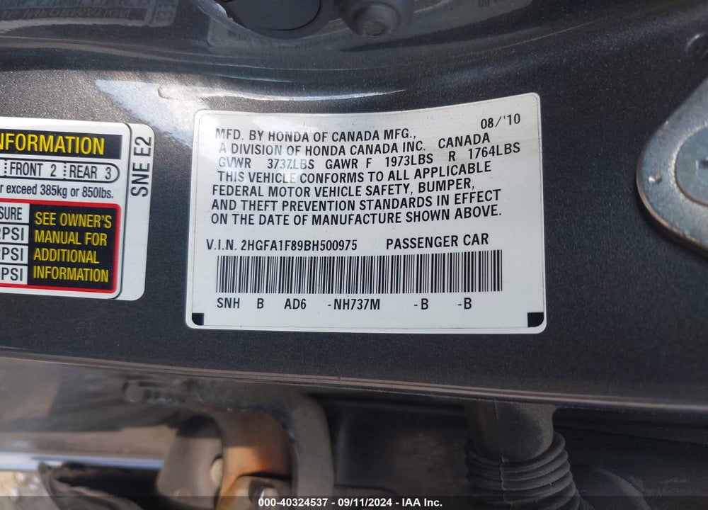 2011 HONDA CIVIC EX VIN: 2HGFA1F89BH500975