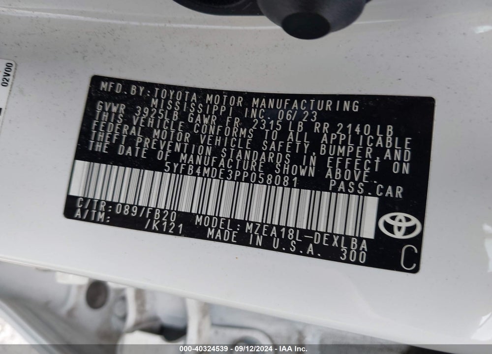 2023 TOYOTA COROLLA LE VIN: 5YFB4MDE3PP058081