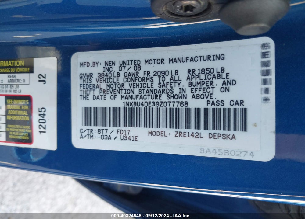 2009 TOYOTA COROLLA VIN: 1NXBU40E39Z077768