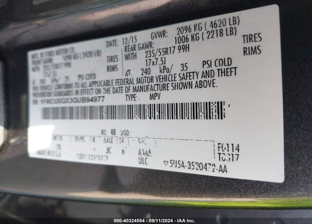 2016 FORD ESCAPE SE VIN: 1FMCU0GX3GUB94977