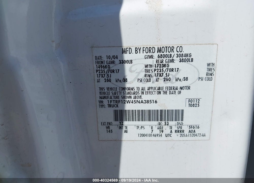 2005 FORD F-150 STX/XL/XLT VIN: 1FTRF12W45NA38516