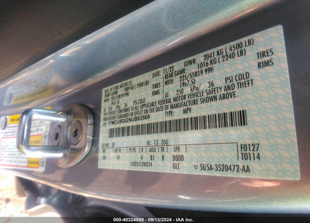 2022 FORD ESCAPE SE VIN: 1FMCU9G62NUB93568