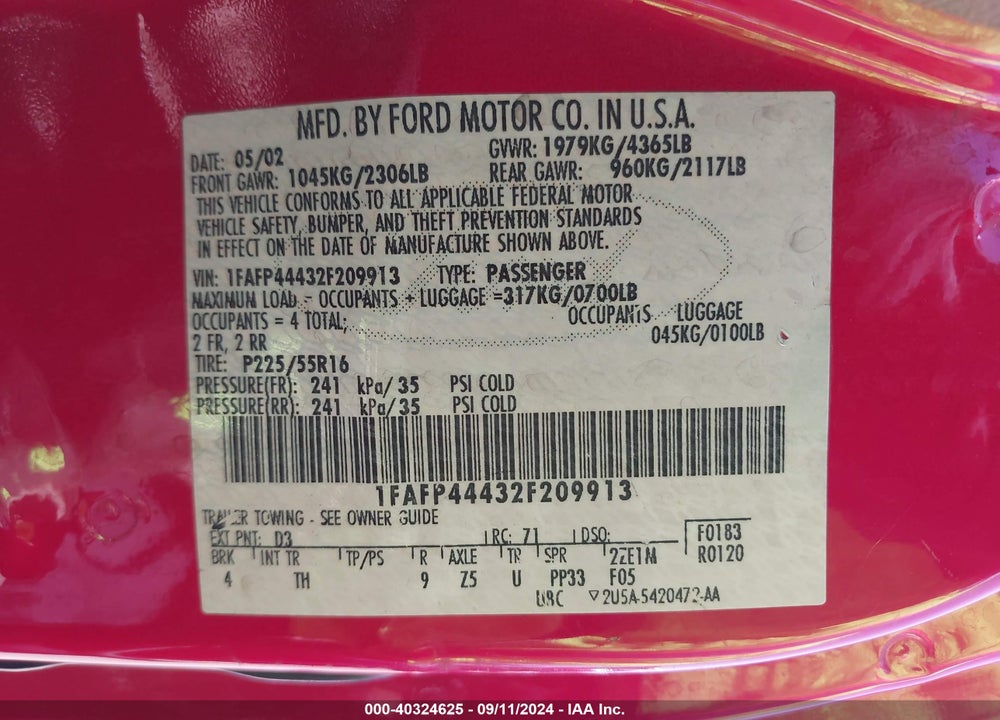 2002 FORD MUSTANG VIN: 1FAFP44432F209913